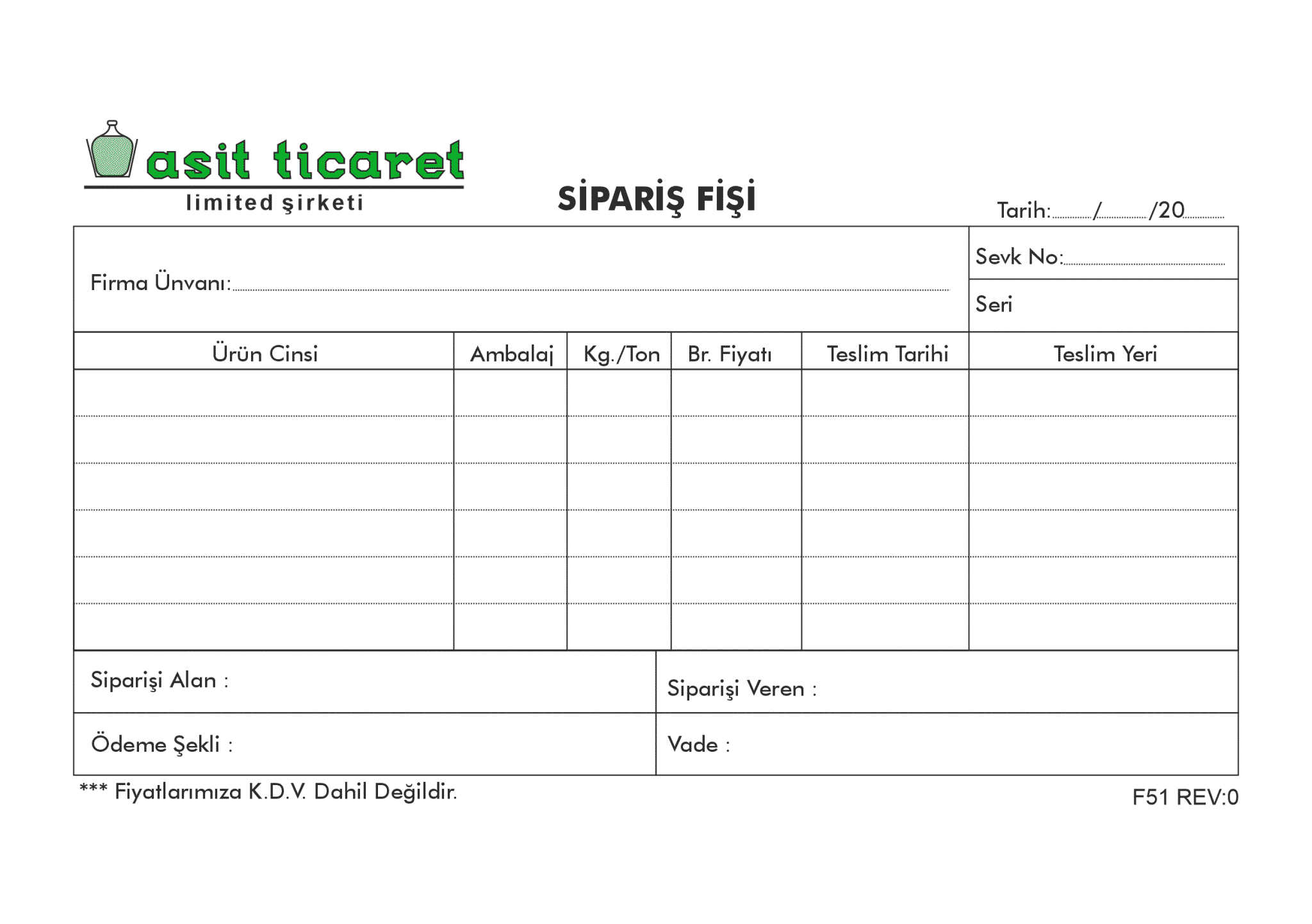 Asit Ticaret Sipariş Fişi - Sipariş Formu