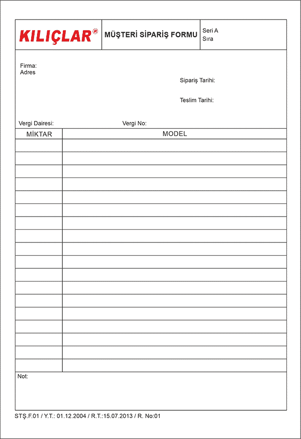 KILIÇLAR MÜŞTERİ SİPARİŞ FORMU 1 - Sipariş Formu