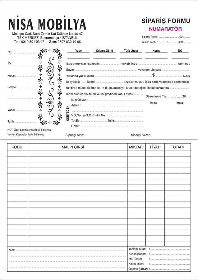 Nisa Sipariş Formu 1 - Sipariş Formu
