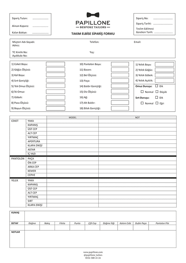 Papillone Takım Elbise Sipariş Formu 1 - Sipariş Formu